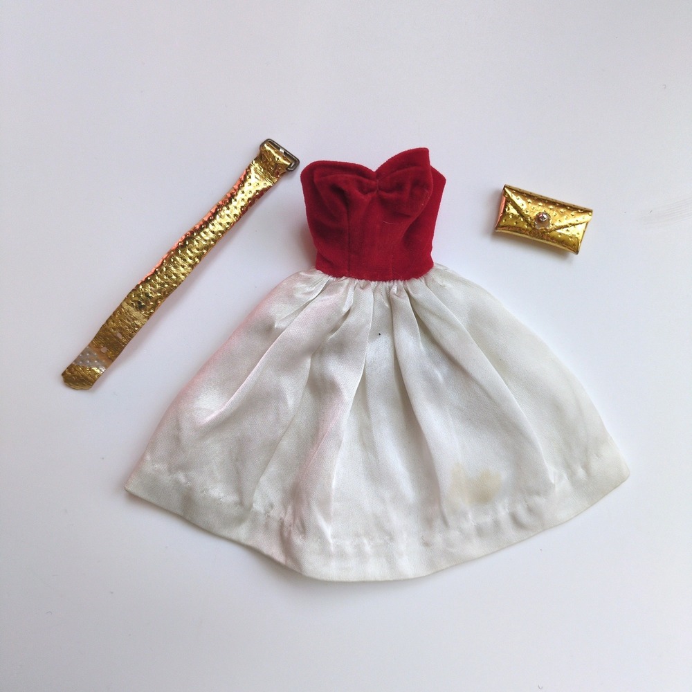 Vtg 60s Barbie #977 Silken Flame Clothing Outfit Red White Dress Gold Belt Purse